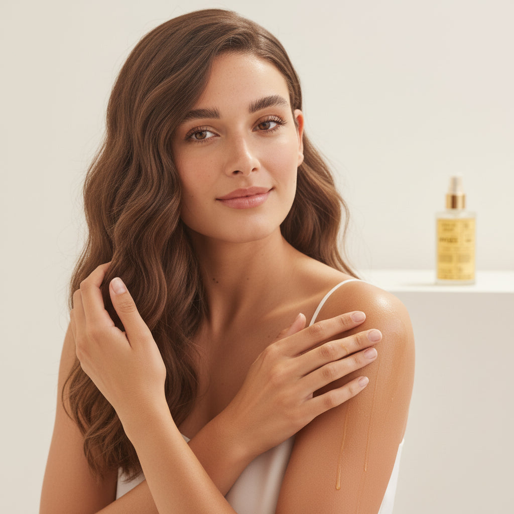 A woman gently massages golden beauty oil along her shoulder while a HYGÉE bottle sits softly blurred in the background on a minimal set.