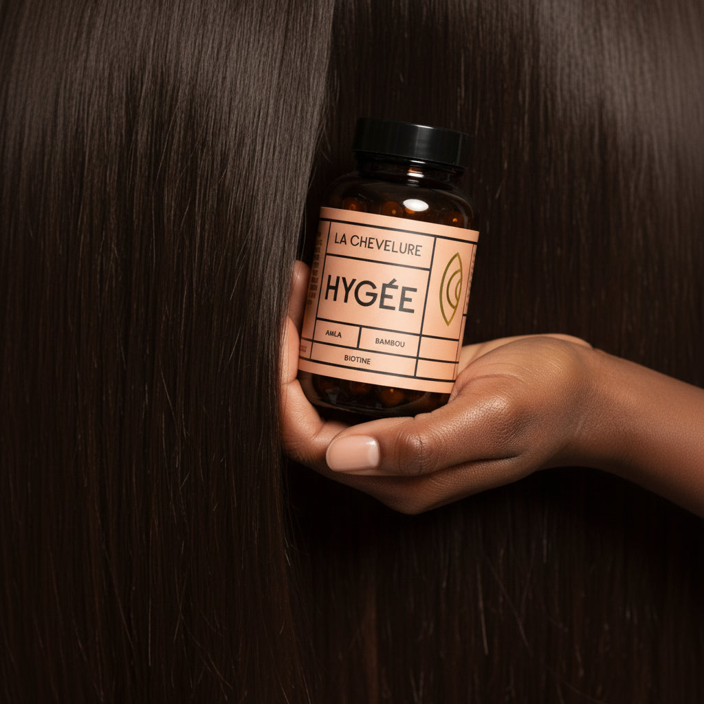 A hand with smooth skin holds an amber glass HYGÉE La Chevelure bottle with a peach label against silky dark brown hair flowing across a deep wood surface. An intimate beauty moment with rich textures and warm directional light.