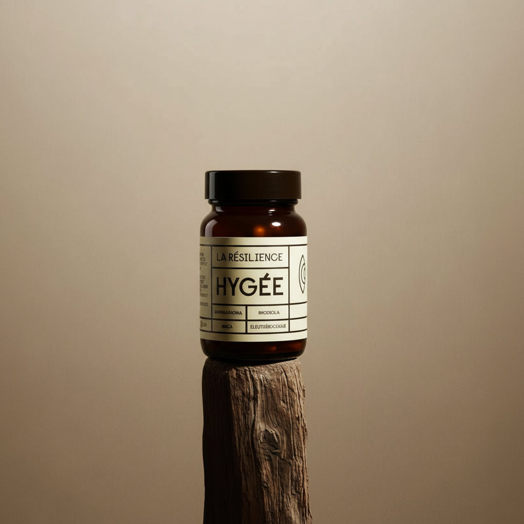 An amber HYGÉE La Résilience bottle balances atop a vertical piece of weathered wood against a smooth gradient beige background with soft studio light.