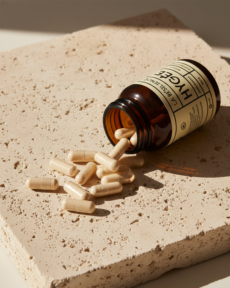 An open amber bottle lies on its side on a textured travertine slab while glossy beige capsules spill across the sunlit stone surface with crisp shadows.