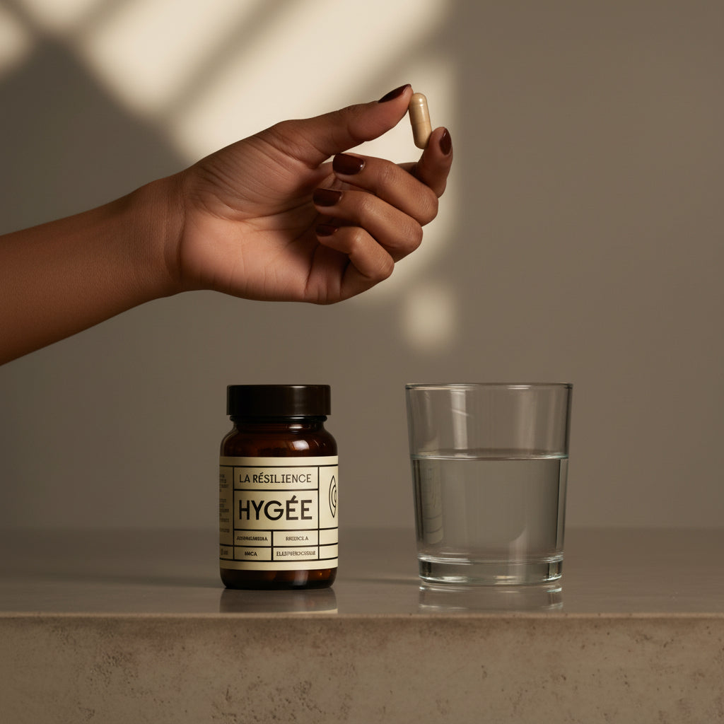 A hand with deep nude nail polish lifts a beige capsule above an amber HYGÉE La Résilience bottle on a stone counter with a clear water glass and soft diagonal light.