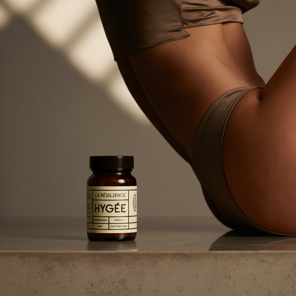 An amber HYGÉE La Résilience bottle stands on a polished stone ledge while a person in taupe swimwear arches in side profile behind it under warm diagonal window shadows.
