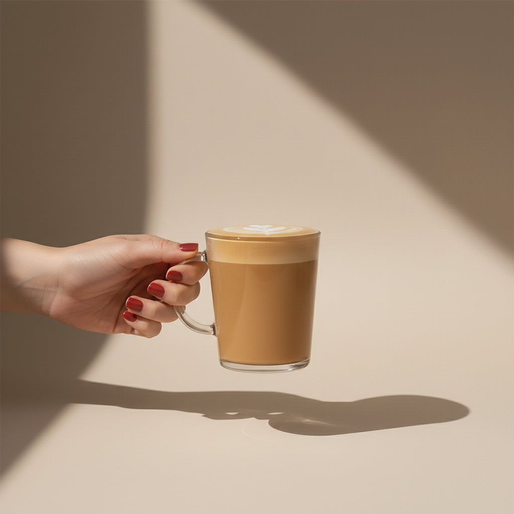 A hand with red nails presents a clear glass mug of silky coffee topped with simple latte art beneath a diagonal sunbeam, casting a soft sculptural shadow. A refined minimalist close‑up in creamy beige tones.