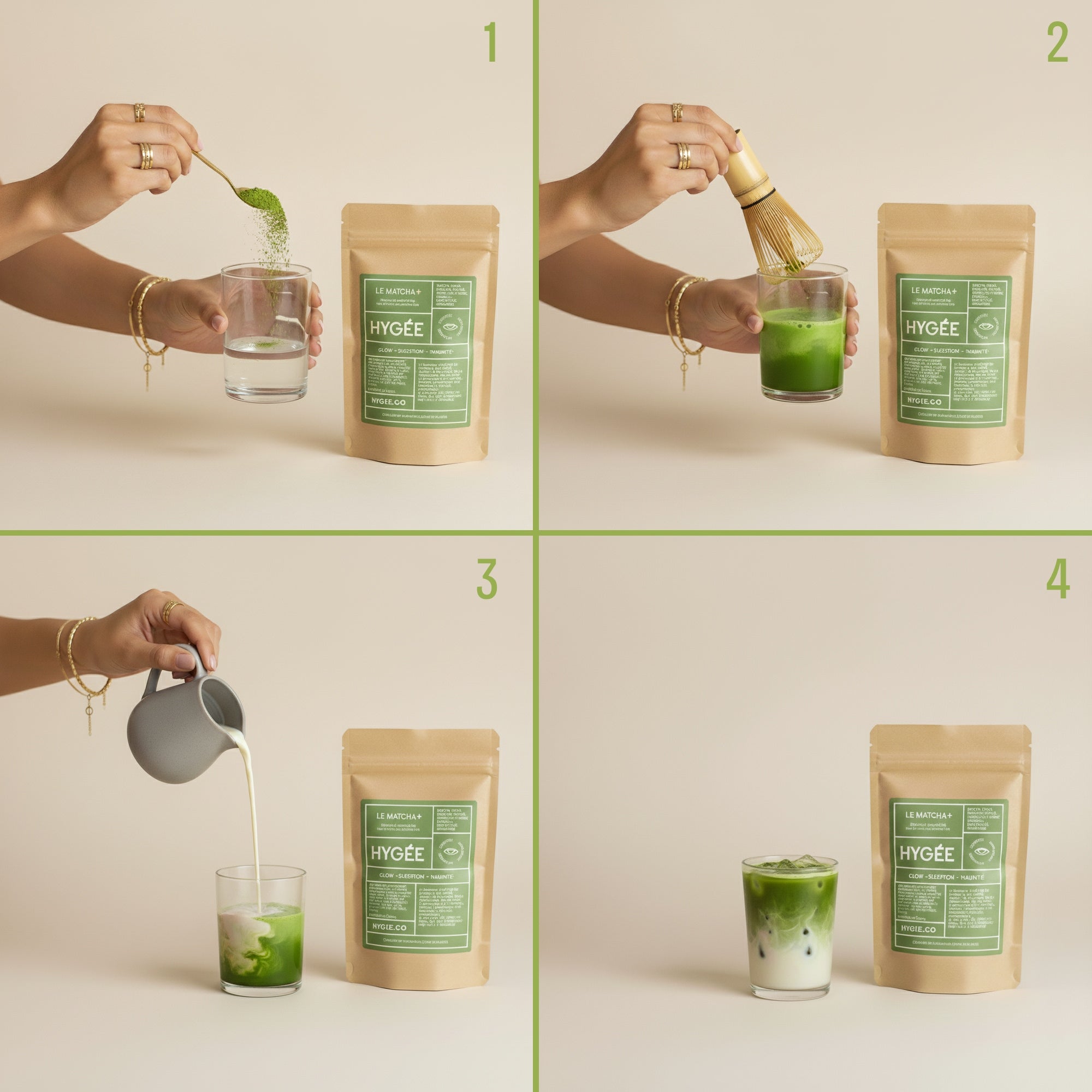 A four‑panel layout shows hands spooning matcha powder, whisking vigorously to a froth, pouring warm milk, and the finished iced matcha beside Allnord's HYGÉE Le Matcha+ pouch. A clean instructional visual on a beige backdrop with gentle studio light.