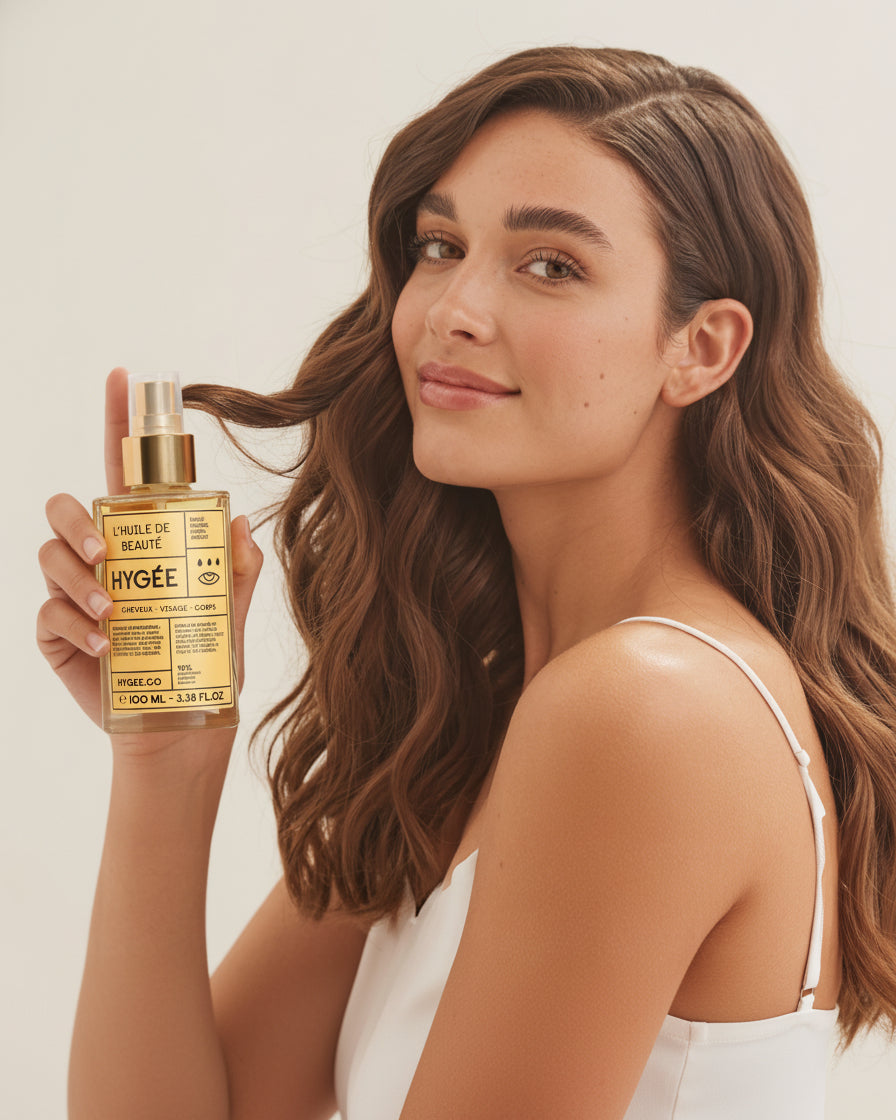 A woman with soft waves holds a square glass HYGÉE beauty oil bottle with a gold pump against a clean, light background, showcasing healthy, luminous skin and hair.