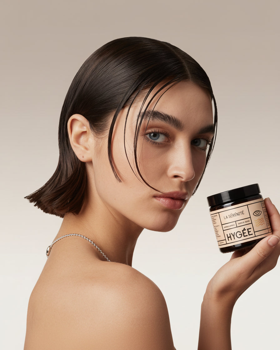 A woman with slicked-back hair and dewy skin holds a dark HYGÉE La Sérénité jar near her shoulder against a neutral backdrop. A refined studio portrait with luminous complexion and minimal styling.​