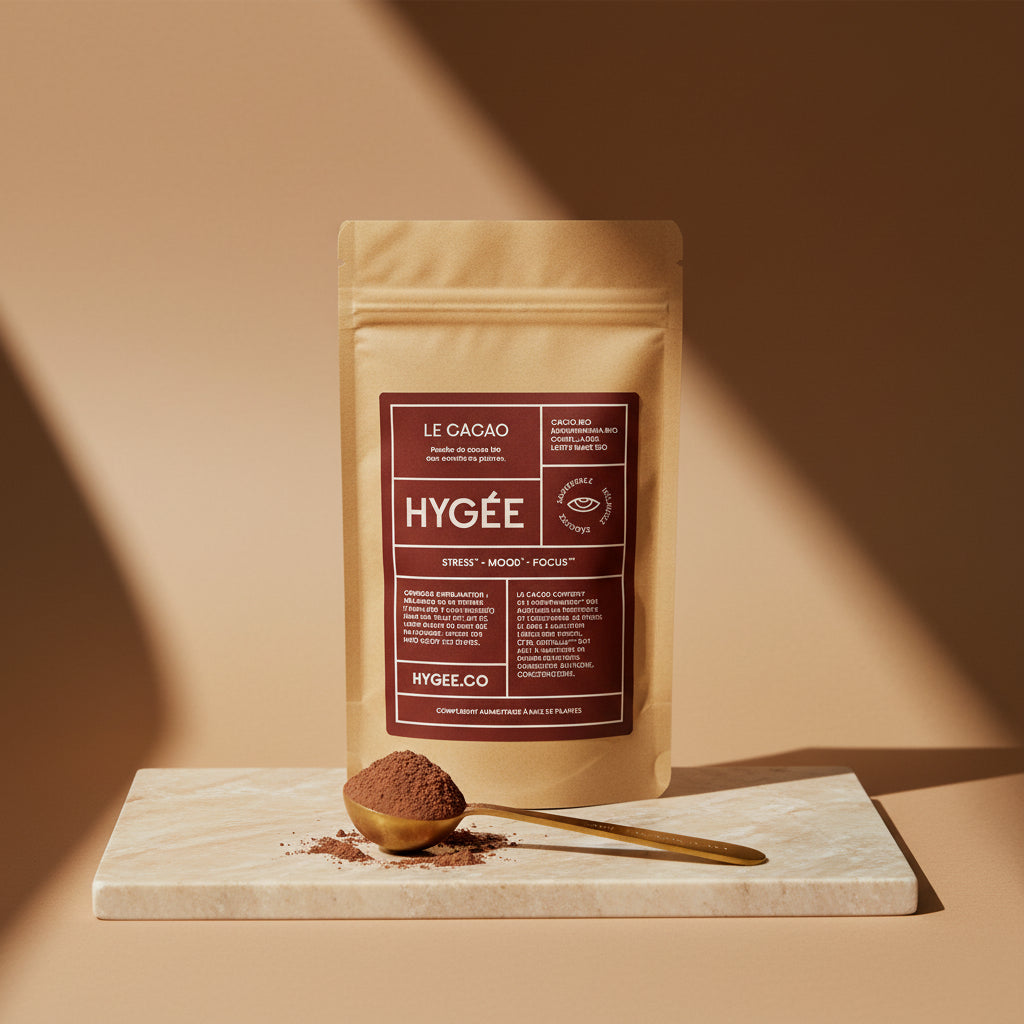 A kraft HYGÉE Le Cacao pouch with a burgundy label stands on a light marble board beside a gold measuring spoon heaped with fine cocoa powder under warm diagonal shadows.