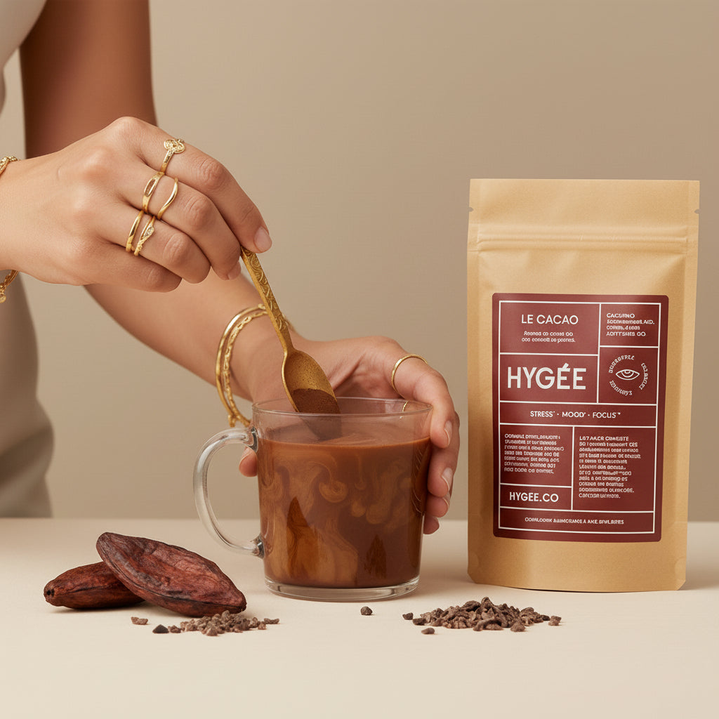 A gold spoon stirs a glass mug of hot cacao beside Allnord’s HYGÉE Le Cacao pouch, with cacao nibs and split pods scattered on a neutral tabletop. A tactile preparation moment with gentle shadows and rich chocolate tones.​