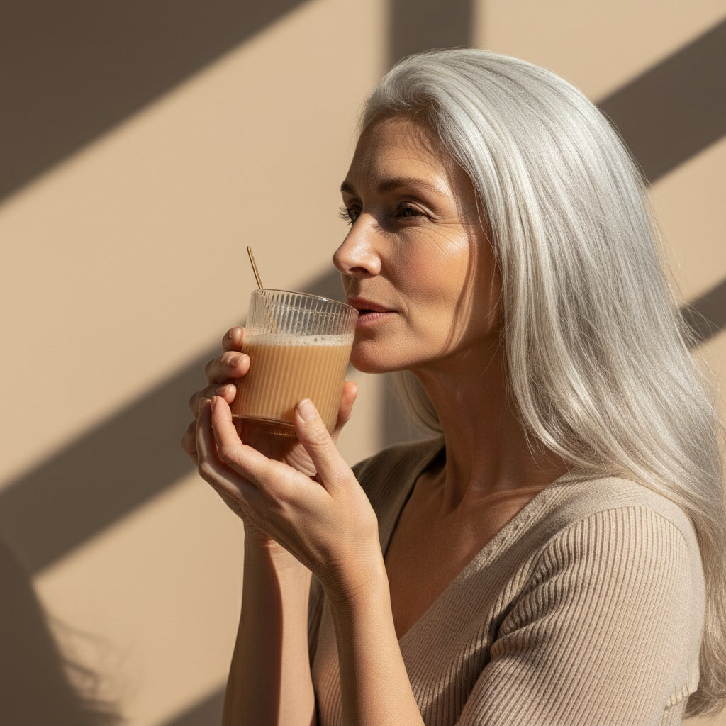 A woman with long silver hair holds a ribbed glass of beige collagen drink in diagonal sunlight against a warm neutral backdrop. A serene lifestyle moment with soft shadows and refined, Nordic minimalism.​