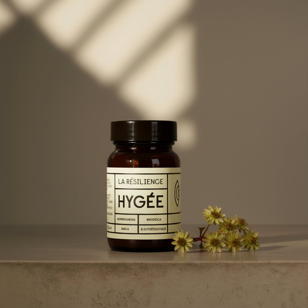 Amber glass jar of HYGÉE La Résilience stress‑resilience capsules standing on a minimalist stone ledge beside delicate yellow flowers, lit by soft geometric window shadows on a beige wall for a calm, soothing mood​.
